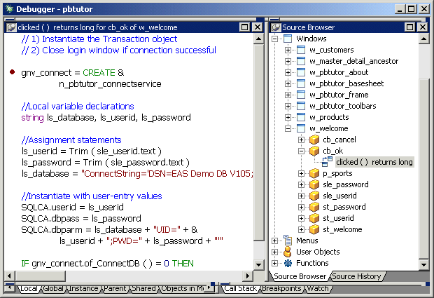 Shown is the code for the Clicked event for the d b _ o k button in the Source view. A dot signifying a break point appears to the left of the following line: g n v _ connect equals Create n _ p b tutor _ connect service