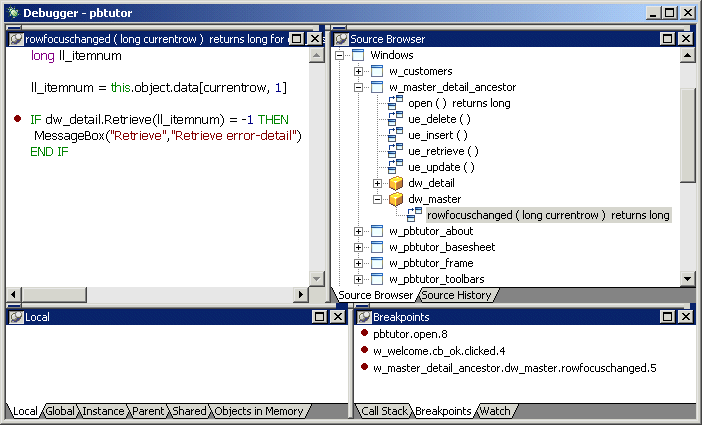 Shown is the Debugger window for p b tutor. At top left is the Source view showing code for the row focus changed event of the d w _ master Data Window control. At top right is the Source Browser with the row focus changed event highlighted. At bottom right is the Break points tab page with three lines of code and a break point symbol to the left of each.