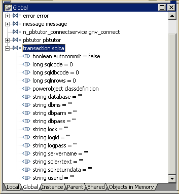 Shown is the Global variables view. Transaction sequel c a is expanded, and under it is the string DBMS equals " "