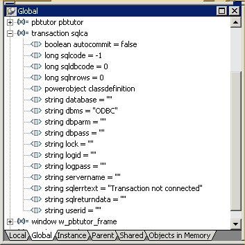 Shown is the Global variables view. Transaction sequel c a is expanded to show the properties. Long sequel code equals minus 1, string d b m s equals " O D B C ", and string sequel err text equals " Transaction not connected ". The strings d b parm, d b pass, and user I d all equal " " .