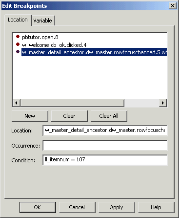 Shown is the Location tab page of the Edit Break points dialog box. Highlighted in the display of three break points  at the top is the line w _ master _ detail _ ancestor  dot d w _ master dot row focus changed dot 5. This same line appears in the Location text box below the display of break points. Next is an Occurrence text box that is blank, and then a Condition text box with the entry l l _ item num equals 107.