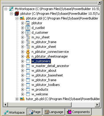 Shown is p b tutor dot pibble expanded in the System Tree. Of the objects that it includes, the window named w _ customers is highlighted.