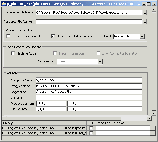 Shown is the Project object in the Project painter work space. The object name p b tutor dot e x e is displayed at top in a text box for Executable File Name. Next is a blank text box for Resource File Name, a group box of Project Build Options with an unselected check box for Prompt for Overwrite, a checked check box for New Visual Controls Style, and a Rebuild drop down list box set to Incremental. Next is a group box of Code Generation Options including an unchecked check box for Machine Code and an optimization drop down set to Speed. Next is a group box for Version information, including Company and Product Name, Description, and Copyright. At bottom is a list of Libraries with cleared P B D check boxes and blank text boxes for Resource File Name.