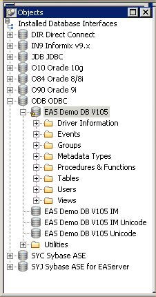 Shown is the expanded E A S Demo D B V 10 database node in the Objects view. It has folders for Driver Information, Groups, Metadata Types, Tables, Users, and Views.