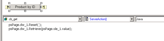 Shown is the script window under the Product by I D button. c b _ get is displayed in a drop down on the left, and Server Action ( ) in the drop down next to it. Shown below these is the code you just entered.