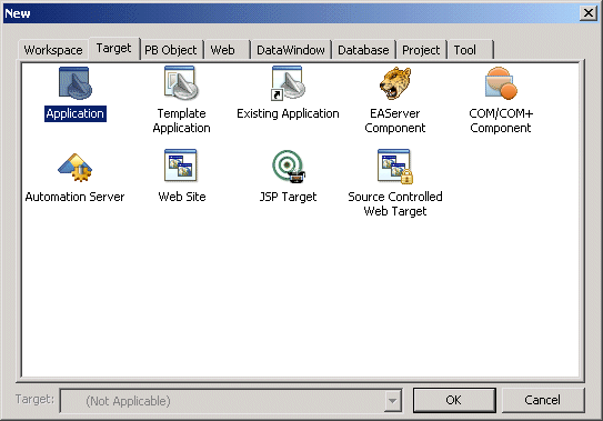 Shown is the Target page of the New dialog box. It has icons for Application, Template Application, Existing Application, E A Server Component, COM / com plus component, Automation Server, Web Site, J S P Target, and Source Controlled Web Target.