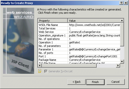 Shown is the Ready to Create Proxy page of the WEb Services Proxy wizard. It has the text " A Proxy with the following characteristics will be created or generated. Click Finish when you are ready. " Next are columns that display all the Property Names, such as W S D L file name and Web Service, and their Values.