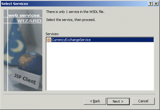 Shown is the Select Services screen of the Web Services Proxy wizard. It displays the text "There is only 1 service in the W S D L file. Select the service, then proceed. " Under this is a Services box listing only the Currency Exchange Service.