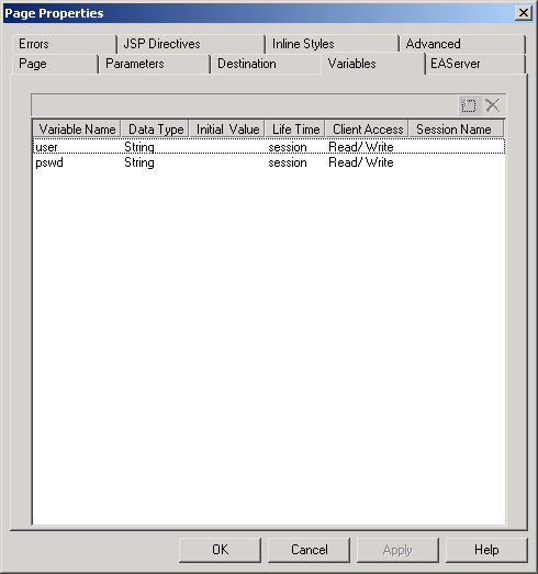 Shown is the Variables tab of the Page Properties dialog box. Columns at the top are labeled Variable Name, Data Type, Initial Value, Life Time, Client Access, and Session Name. Two rows are shown for the variable name entries user and p s w d. For both, the Life Time shown is session and Client / Access is Read / Write.