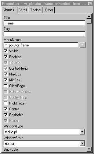 Shown is the General tab of the Properties page. At bottom is the Window State drop down list box with the entry normal !.