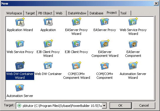 Shown is a Choose E A Server Profile screen for selecting a profile containing the information necessary to connect to E A Server for the Web D W Component and to select the generation format for the Web Data Window. In the E A Server Profiles list, the selected profile has the name Local, the Host B S C H dot dot dot, the Port is 9000, and the User is jag admin. At bottom are Generation Format radio buttons for HTML, X HTML, and XML, which is selected.