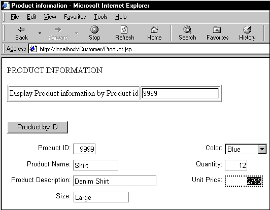 Shown is the Product dot j s p Web page with the text "Display Product information by Product I D" followed by the number 9 9 9 9. Under this is displayed all the product information you entered in the previous exercise.