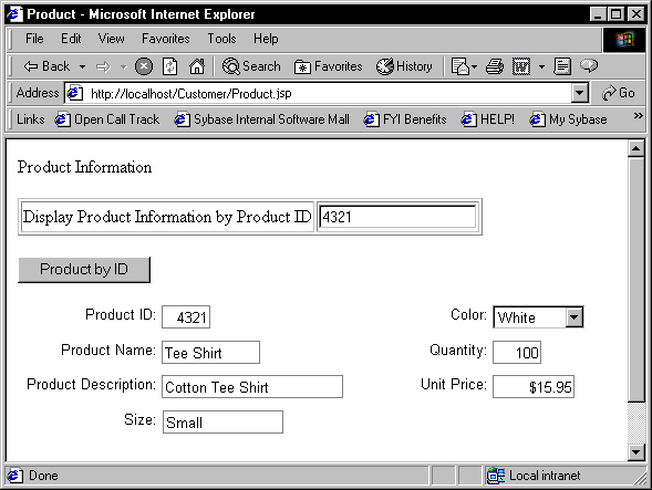 Shown in a browser window is the product dot j s p page. All the fields for adding a new product such as product I D and Name are filled in with the product information you just entered. Product I D is 4 3 2, for example, and Size is Small.