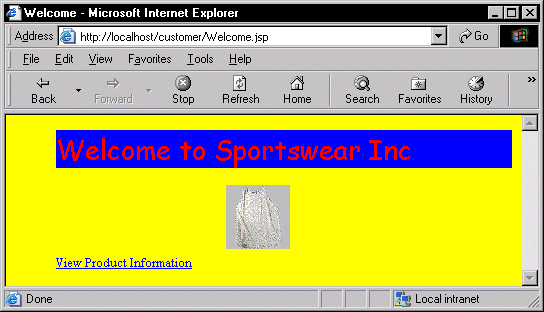 Shown is the Welcome screen. At top is an Address drop down displaying the address " http : / / local host / customer / Welcome dot htm ? ID =. Next are a menu bar and tool bar, then the Welcome screen with the text "Welcome to Sprotswear, Inc," a tee shirt graphic, and a link at bottom labeled View Product Information.