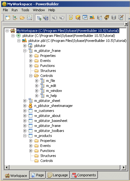 Shown is the System Tree. The p b tutor dot pibble library displays under the p b tutor target iand it contains the target Application object, which has the same name as the target object but displays under the library file. Other objects generated by the wizard also display under the library file.