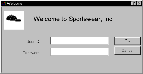 Shown is a screen with a picture of a baseball cap in the top left corner and at center is the title Welcome to Sportswear, Inc. Below these is a line with the text User ID:, a blank white text box, and an OK button. Under this is a line with the text Password:, a blank white text box, and a Cancel button.  