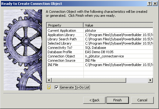 Shown is the last wizard page, which displays a table of properties and their values, such as Current Application, whose value is p b tutor, and the Application Livrary and Livrary Search Path. The table is a summary of your choices, including the default selections. At bottom is a  Generate To Do List check box that is selected.