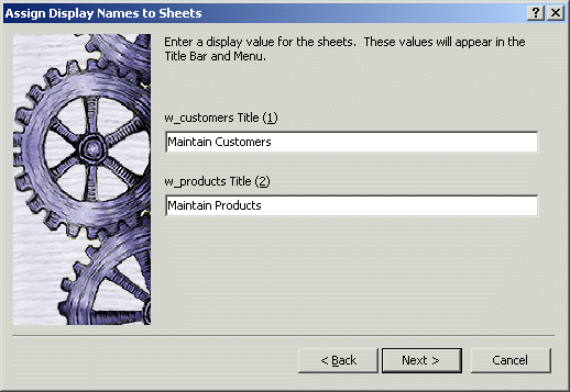 Shown is the Assign Display Names to Sheets page. Maintain Customers is shown as the display name in the text box for w _ customer Title ( 1 ), and  Maintain Products is the display name for w _ product Title ( 2 ).