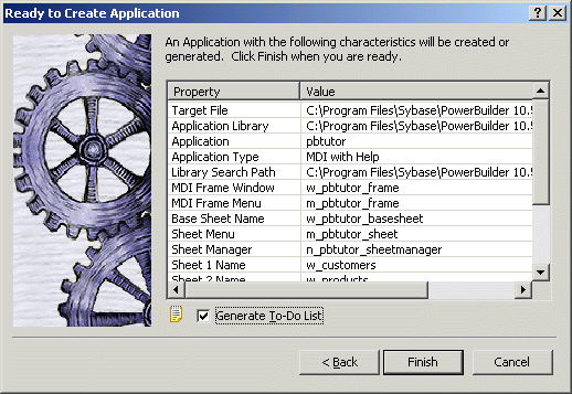 Shown is the Ready to Create Application page. At top is the text, "An Application with the following characteristics will be created or generated. Click Finish when you are ready." Below this is a table with columns for Property and Value that displays all the current selections. Below it is a selected check box labeled Generate To Do List.