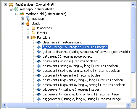 The illustration shows the System Tree at left. Expanded is a p b d called p b n i add dot p b d. Indented under the p b d is the class p b add, which is expanded to show folders for Properties, Events, and Functions. The Functions folder is epxanded to show a list of functions including the highlighted function f _ add ( integer a , integer b ) returns integer. At top right a screen layout displays two blank rectangles, a plus sign, and a third blank rectangle. At bottom right, the clicked tab page displays the script for c b _ 1.