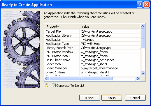 The summary page is titled Ready to Create Application. In two columns, it shows the properties of the application and their values, for example, Target File and Application LIbrary. Below this list is a selected check box labeled Generate To Do List. At bottom are buttons for Back, Finish, and Cancel.