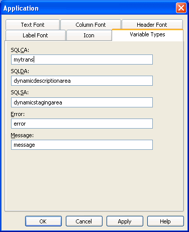 The sample shows the Variable Types tab page of the Application painter. At top is a text box labeled sequel c a with the entry my trans.