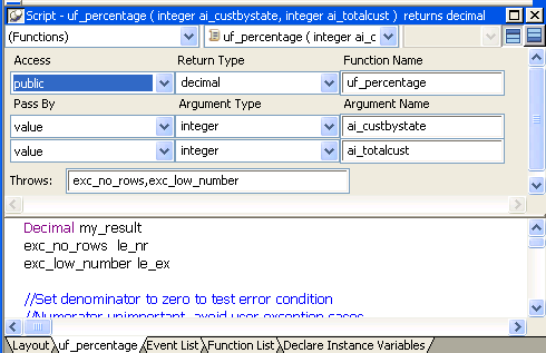 Shown is the Script View. Selected in the second list box at top is the function of _ add ( integer arg 1, integer arg 2). Below is the Prototype window with text fields labeled Access, Return Type, and Function Name, and then drop downs for Pass By, Argument Type and Argument Name. At bottom is the script area.