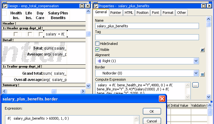 The sample shows the Salary_Plus_Benefits column selected in the Design view. To the right of the Design view, the Properties view shows properties for the column, including the Border property. Next to the Border property is a button for accessing the dialog box where you enter the expression. The button displays a red equals sign with a slash through it when no expression has been entered, and a green equals sign when it has. In this example the Border property is set to NoBorder in the Properties view. A line connects the button to a dialog box that displays an expression defined for the property. This expression, if ( salary _ plus _ benefits > 60000, 1 0 ),  overrides the Border property setting at runtime.