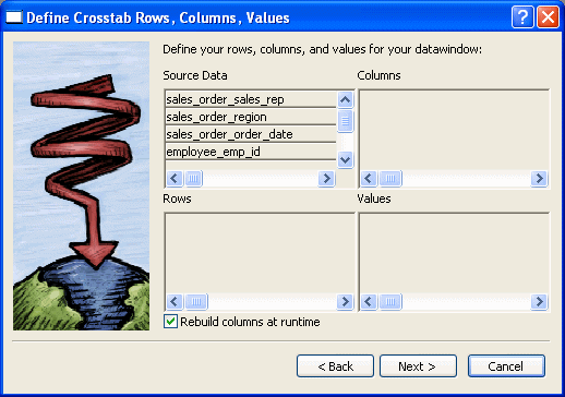 The sample is titled Define Crosstab Rows, Columns, Values. On the left are icons representing a general variety of crosstabs. On the right are four boxes listing Source Data, Columns, Rows, and Values. Above them is the prompt "Define your rows, columns, and values for your data window:" The Source data box includes rep, quarter, product, and units. Under Columns is the quarter column. Under Rows is the product row. Under Values is the expression sum( units for cross tab ). At the bottom is a selected check box labeled Rebuild columns at runtime. 