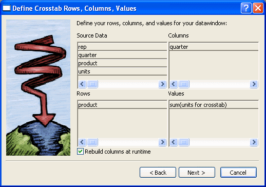 The sample is titled Define Crosstab Rows, Columns, Values. On the left are icons representing a general variety of crosstabs. On the right are four boxes listing Source Data, Columns, Rows, and Values. Above them is the prompt "Define your rows, columns, and values for your data window:" The Source data box includes rep, quarter, product, and units. Under Columns is the quarter column. Under Rows is the product row. Under Values is the expression sum( units for cross tab ). At the bottom the check box labeled Rebuild columns at runtime is shown as selected. 