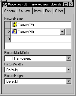 The sample shows the Pictures tab of the Properties view for a Picture List Box control.  At top is a list of Picture Names numbered 1 through three. Icons and picture names display in the first two lines, along with a drop down list box and a browse button. Below Picture Names are drop down list boxes labeled Picture Mask Color, Picture Width, and Picture Height. Transparent is displayed as the Mask Color and the last two drop downs are set to ( Default ). 