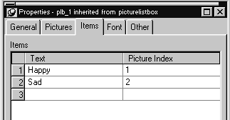 The sample shows the Items tab of the Properties view for a Picture List Box control.  At top is a list labeled Items that has lines numbered 1 through three and two columns labeled Text and Picture Index. Happy and one are the sample values for item one, and Sad and 2 are the values shown for item two.