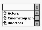 The sample shows a blank input field  with a down arrow. Below it is a list of sample choices such as Actors and Cinematography. Each choice includes a picture to the left of the text. To the right of the list are up and down arrows with a vertical scroll bar between them.