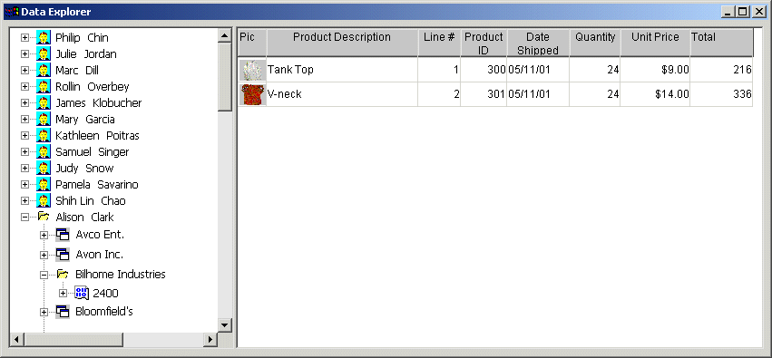 The customer node in the left pane has been expanded to show an order number, and the right pane shows details of each item in the order.