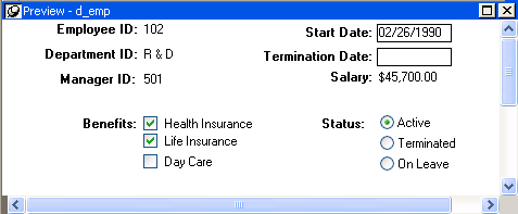 The sample Data Window Preview includes four radio buttons grouped by a rectangle labeled Status:  The Active button is selected. Terminated, On Leave, and Deceased are unselected.