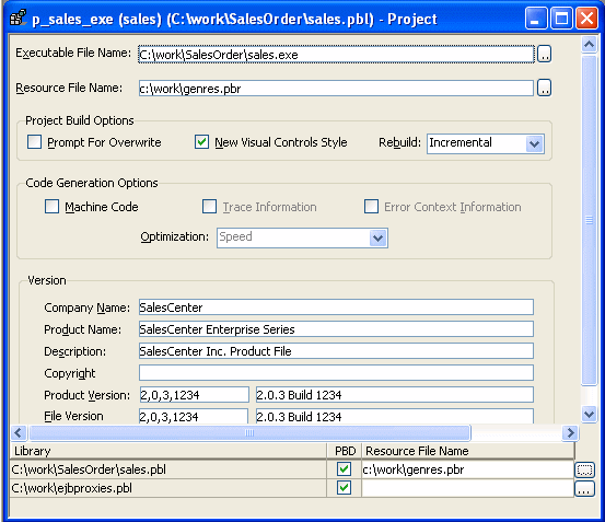 The sample shows the Project painter work space. At top are boxes for Executable File Name and Resource File Name. Both have browse buttons. Next are Project Build Options, which include a check box labeled Prompt For Over write and a drop down list box labeled Rebuild with the entry Incremental. Next are Code Generation Options,with check boxes for Machine Code, Trace Information, and Error Context Information and a drop down list box labeled Optimization with the entry Speed. Next is version information with fields for Compnay Name, Product Name, Description, Copyright, Product Versions, and File Versions. At bottom is a Library list with a P B D check box and a Resource File Name box for each entry.