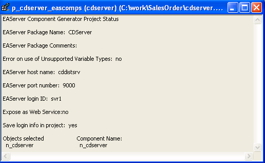 The sample shows a work space for the Project object called p _ c d server _ e a s comps ( d c server ). Displayed is the text E A Server component Generator Project Status and E A Server Package Name : C D Package, then a section labled E A Server Package Comments that shows options and their settings, for example, E A Server host name: local host and Save log in info in project : yes.