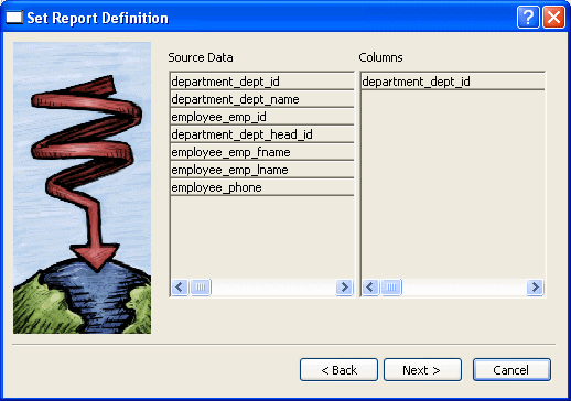 The sample shows the Set Report Definition dialog box. At left is a Source Data box that lists columns you can use for grouping. On the right is the Columns box with one column that will be used for grouping, employee _ dept _ i d.