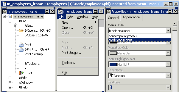 The sample shows the Menu painter layout. The title bar displays the text m _ employees _ frame ( employees) inhertied from menu - Menu. The Tree Menu view at top left shows an expanded view of m _ employees _ frame with all its menu options. To its right is the WYSIWYG view of m _ m _ employees  _ frame with the options New, Open, Close, which is grayed, Print, Print Setup, Tool bars, and Exit. The General tab of the Properties view displays the menu’s general properties at far right and the Script view at bottom left displays.