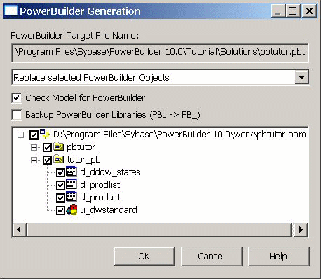 The PowerBuilder Generation dialog box displays the the file name for the linked PBT, a text box and check box for target generation options, and a list box for classes in the current OOM. A checkmark next to a class in the list box indicates that you want to generate the class as an object in a PowerBuilder target.  This selections in this example indicate that all classes in the OOM will replace objects of the same name in the linked pb tutor target.