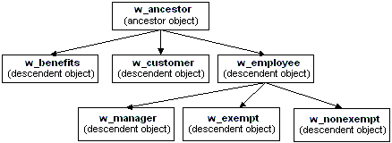 At the top of the illustration is the ancestor object w _ ancestor. It is connected by arrows to three descendent objects, w _ benefits, w _ customer, and w _ employee.  From w _ employee, three arrows connect to three more  descendent objects labeled w _ manager, w _ exempt, and w _ non exempt.