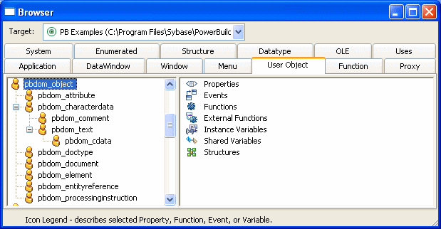 The sample shows the User Object tab page of the Browser. At top, a drop down labeled Target partially displays the selected target as gen app 3 ( D : backslash  Program Files backslash Sybase backslash PowerBuilder. The left pane displays an expanded Tree View of user objects with the object p b dom _ object expanded and its descendant p b dom _ c data selected. The right pane displays the functions of p b dom _ c data.