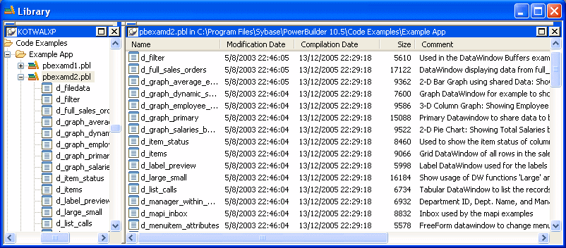 The sample screen is titled Library. At left it displays a Tree view titled My Computer, with an unexpanded list of all drives on the computer and mapped to it, and an appropriate icon to the left of each drive to identify it as a floppy drive, hard drive, network drive, and so on. At right the sample displays all the drives on My Computer as a list with appropriate icons.