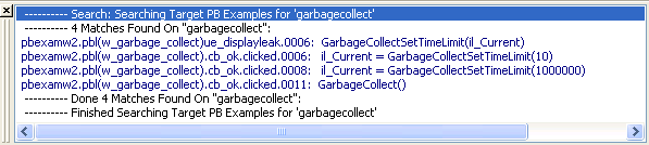 Shown is a sample output window with a list of 4 matches for the string garbage collect. One of the entries is highlighted.