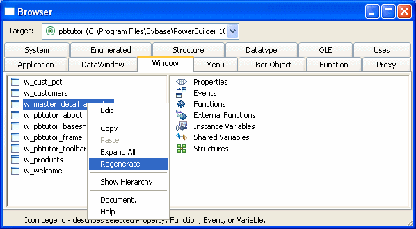 Shows is the Window tab page of the Browser. The left half of the screen lists windows, and the right half lists Properties, Events Functions, Variables, and Structures. A  window named w _ tab _ ancestor is highlighted and a pop up menu lists the options Edit, Copy, Paste, which is grayed, and Expand All, Regenerate, Show Hierarchy, which is checked, Document, and Help.