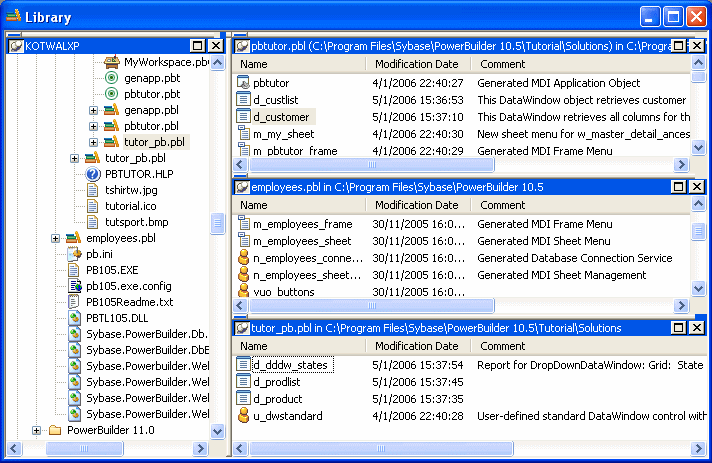 The sample screen is titled Library. At left it displays a Tree view titled My Computer, with a list that includes libraries such as cart client dot pbl, some of which are expanded, and folders for applications and images. Each entry has an appropriate icon at left to identify it as a library, window, folder, and so on. At right the sample screen is divided into three horizontal scrollable areas, each of which lists the contents of a different library.