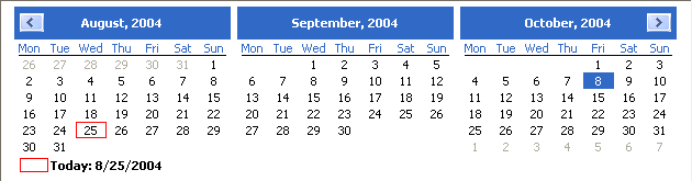 Three months of a calendar display from left to right, with arrows at the top to allow the user to move to earlier or later months.