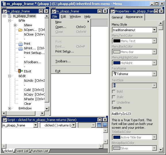 The sample shows the Menu painter layout. The title bar displays the text m _ pbapp _ frame inhertied from menu - Menu. The Tree Menu view at top left shows an expanded view of m _ pbapp _ frame with all its menu options. To its right is the WYSIWYG view of m _ pbapp_ frame with the options New, Open, Close, which is grayed, Print, Print Setup, Tool bars, and Exit. The General tab of the Properties view displays the menu’s general properties at far right and the Script view at bottom left displays.  