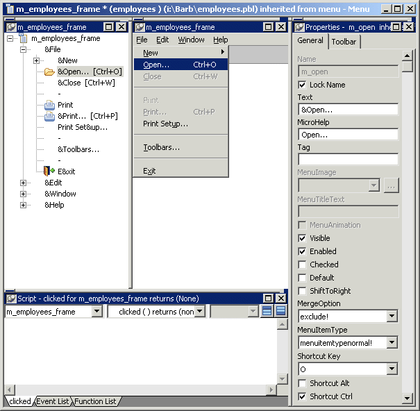 The sample shows the Menu painter layout. The title bar displays the text m _ employees _ frame ( employees) inhertied from menu - Menu. The Tree Menu view at top left shows an expanded view of m _ employees _ frame with all its menu options. To its right is the WYSIWYG view of m _ m _ employees  _ frame with the options New, Open, Close, which is grayed, Print, Print Setup, Tool bars, and Exit. The General tab of the Properties view displays the menu’s general properties at far right and the Script view at bottom left displays.