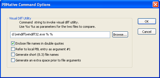 The sample shows a P B Native Command Options dialog box. The command string to invoke the visual diff utility is shown as d : backslash win diff backslash win diff 32 dot e x e % s % s